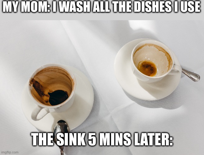 Empty coffee cups | MY MOM: I WASH ALL THE DISHES I USE; THE SINK 5 MINS LATER: | image tagged in empty coffee cups | made w/ Imgflip meme maker