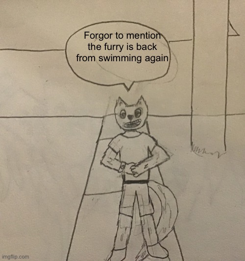 Might post video of me flailing in the water | Forgor to mention the furry is back from swimming again | image tagged in nemesis had to do it to em | made w/ Imgflip meme maker