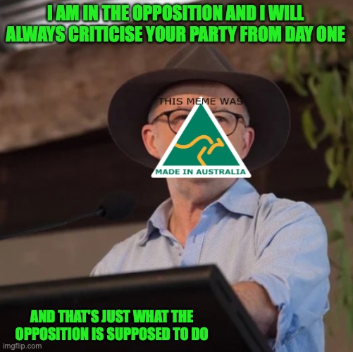 AustRINO as an opposition spokesperson will always shadow BMF and will criticise anything that BMF aren't doing right | I AM IN THE OPPOSITION AND I WILL ALWAYS CRITICISE YOUR PARTY FROM DAY ONE; AND THAT'S JUST WHAT THE OPPOSITION IS SUPPOSED TO DO | image tagged in austrino the politician 2 0,opposition | made w/ Imgflip meme maker