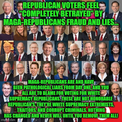 Republican Traitors | REPUBLICAN VOTERS FEEL “COMPLETELY BETRAYED” BY MAGA-REPUBLICANS FRAUD AND LIES... MAGA-REPUBLICANS ARE AND HAVE BEEN PATHOLOGICAL LIARS FROM DAY ONE, AND YOU ALL ARE TO BLAME FOR VOTING FOR WHITE SUPREMACY REPUBLICANS. THESE ARE NOT HONORABLE REPUBLICAN'S, THEY'RE WHITE SUPREMACY EXTREMISTS, TRAITORS, AND CORRUPT CRIMINALS. NOTHING HAS CHANGED AND NEVER WILL UNTIL YOU REMOVE THEM ALL! | image tagged in republican traitors | made w/ Imgflip meme maker