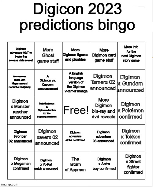 Digicon 2023 predictions | Digicon 2023 predictions bingo; More Digimon figures and plushies; More Ghost game stuff; More info for the next Digimon story game; Digimon adventure 02:The beginning release date reveal; More Digimon card game stuff; A English language version of the Digimon V-tamer manga; A crossover series with Megaman and Sonic the hedgehog; Digimon x Gundam announced; Digimon Tamers 02 announced; A Digimon vs. Capcom announcement; More Digimon blu-ray and dvd reveals; Digimon x Monster rancher announced; Digimon x Pokémon confirmed; MaloMyotismon in Digimon adventure 02: The beginning confirmed; Digimon Frontier 02 announced; Digimon savers 02 announced; Digimon x Tekken confirmed; Digimon adventure 03 announced; Digimon adventure alpha confirmed; Digimon x Yo-Kai watch announced; Digimon x Street fighter confirmed; Digimon x Megaman confirmed; The return of Appmon; Digimon x Astro boy confirmed | image tagged in blank bingo | made w/ Imgflip meme maker