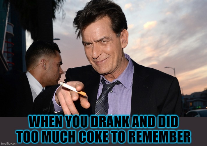 charlie sheen | WHEN YOU DRANK AND DID TOO MUCH COKE TO REMEMBER | image tagged in charlie sheen | made w/ Imgflip meme maker