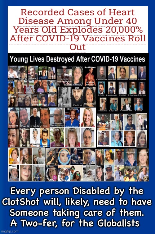 Under-reported, and Under-reported-On | Every person Disabled by the
ClotShot will, likely, need to have
Someone taking care of them.
A Two-fer, for the Globalists | image tagged in memes,globalists create chaos death disability,all u globalists leftists fjb voters can kissmyass,u created all this suffering | made w/ Imgflip meme maker