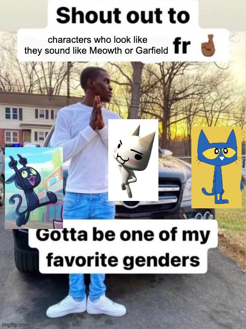 Shout out to.... Gotta be one of my favorite genders | characters who look like they sound like Meowth or Garfield | image tagged in shout out to gotta be one of my favorite genders | made w/ Imgflip meme maker