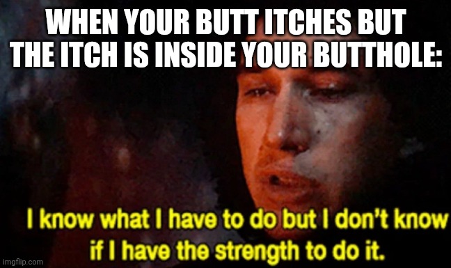 Can y'all relate? | WHEN YOUR BUTT ITCHES BUT THE ITCH IS INSIDE YOUR BUTTHOLE: | image tagged in i know what i have to do but i don t know if i have the strength,memes | made w/ Imgflip meme maker