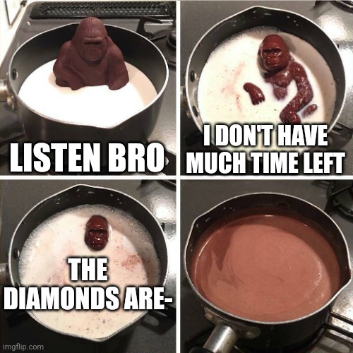 This has no title | LISTEN BRO; I DON'T HAVE MUCH TIME LEFT; THE DIAMONDS ARE- | image tagged in chocolate gorilla | made w/ Imgflip meme maker