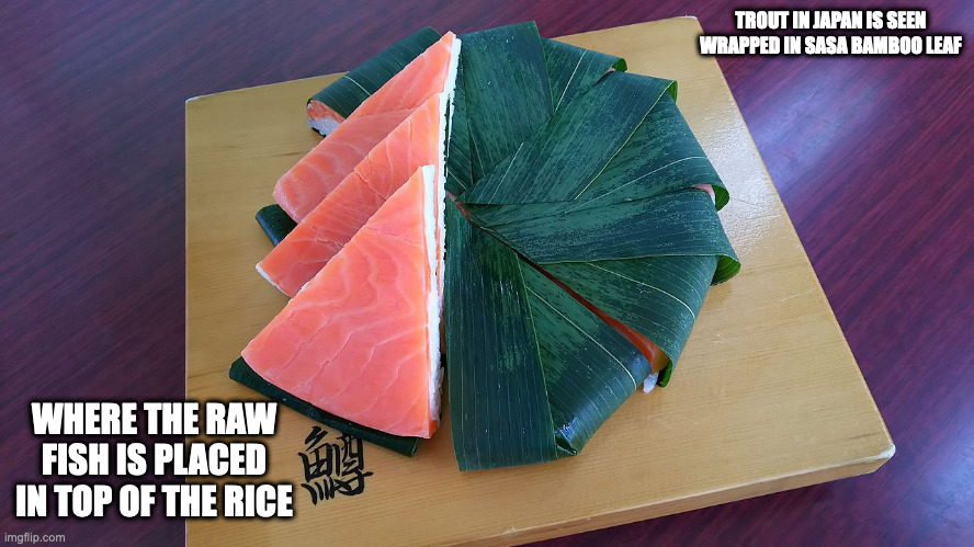 Masuzushi | TROUT IN JAPAN IS SEEN WRAPPED IN SASA BAMBOO LEAF; WHERE THE RAW FISH IS PLACED IN TOP OF THE RICE | image tagged in food,memes,sushi | made w/ Imgflip meme maker