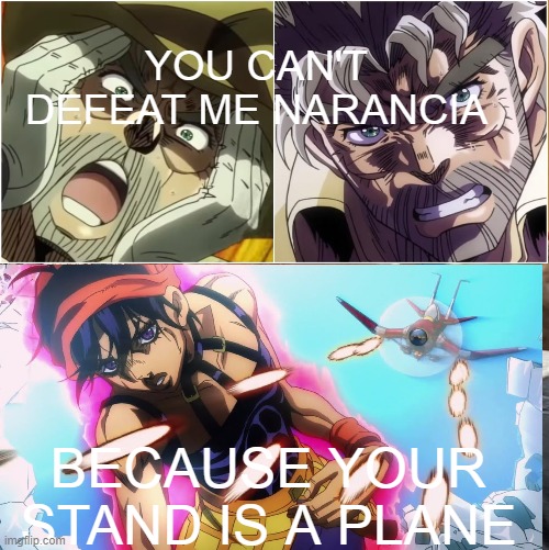 YOU CAN'T DEFEAT ME NARANCIA; BECAUSE YOUR STAND IS A PLANE | image tagged in memes,funny memes,jojo's bizarre adventure,jojo | made w/ Imgflip meme maker