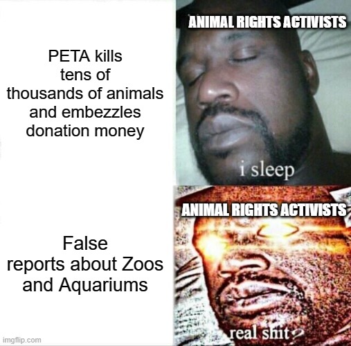 Animal Rights is Evil | ANIMAL RIGHTS ACTIVISTS; PETA kills tens of thousands of animals and embezzles donation money; ANIMAL RIGHTS ACTIVISTS; False reports about Zoos and Aquariums | image tagged in memes,sleeping shaq | made w/ Imgflip meme maker