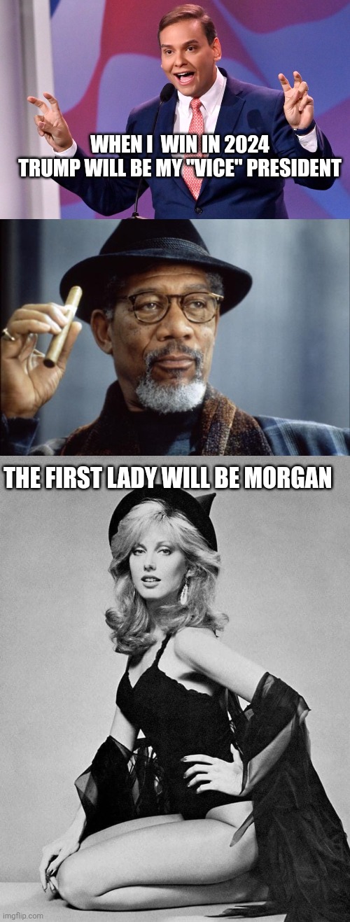 That's the ticket | WHEN I  WIN IN 2024
 TRUMP WILL BE MY "VICE" PRESIDENT; THE FIRST LADY WILL BE MORGAN | image tagged in george santos air quotes,morgan freeman ganja,morgan fairchild witch,pinocchio | made w/ Imgflip meme maker