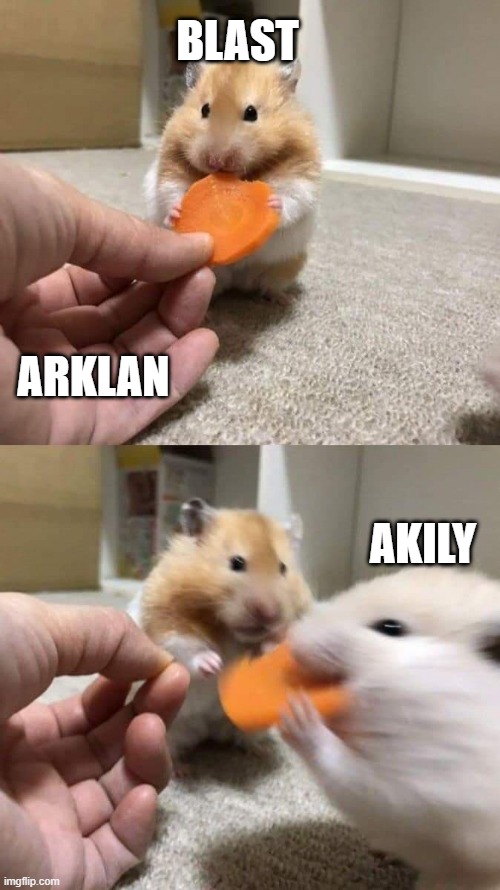 Hamster with Carrot | BLAST; ARKLAN; AKILY | image tagged in hamster with carrot | made w/ Imgflip meme maker