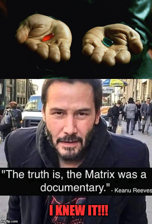 NWO... wants you to be a battery in their matrix... | I KNEW IT!!! | image tagged in red pill blue pill,nwo police state | made w/ Imgflip meme maker