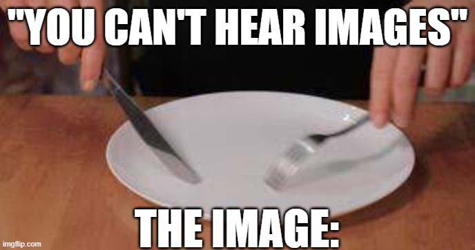 everybody can hear it | "YOU CAN'T HEAR IMAGES"; THE IMAGE: | image tagged in fork,plate,scratching,noise | made w/ Imgflip meme maker
