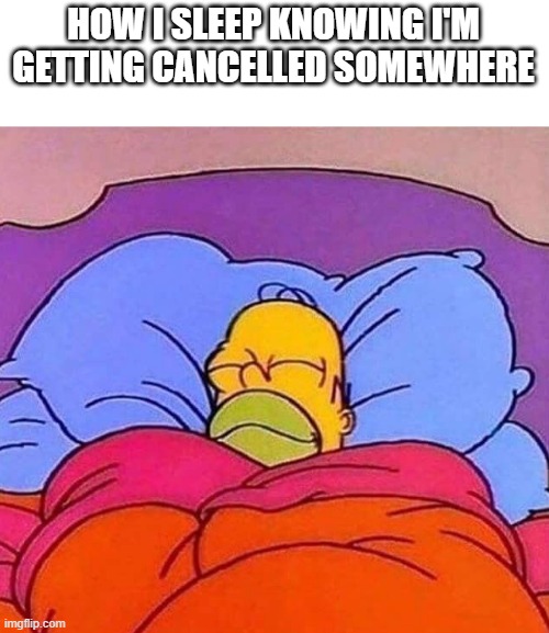 Homer Simpson sleeping peacefully | HOW I SLEEP KNOWING I'M GETTING CANCELLED SOMEWHERE | image tagged in homer simpson sleeping peacefully,memes,funny,cancelled,the simpsons | made w/ Imgflip meme maker