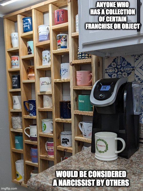 Mug Shelf | ANYONE WHO HAS A COLLECTION OF CERTAIN FRANCHISE OR OBJECT; WOULD BE CONSIDERED A NARCISSIST BY OTHERS | image tagged in mug,memes | made w/ Imgflip meme maker