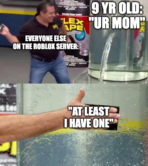 comeback | 9 YR OLD: "UR MOM"; EVERYONE ELSE ON THE ROBLOX SERVER:; "AT LEAST I HAVE ONE" | image tagged in flex tape | made w/ Imgflip meme maker
