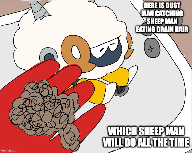 Sheep Man Eating Hair | HERE IS DUST MAN CATCHING SHEEP MAN EATING DRAIN HAIR; WHICH SHEEP MAN WILL DO ALL THE TIME | image tagged in sheepman,megaman,memes | made w/ Imgflip meme maker