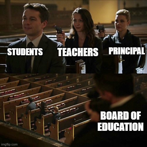 Society | STUDENTS; PRINCIPAL; TEACHERS; BOARD OF EDUCATION | image tagged in assassination chain | made w/ Imgflip meme maker