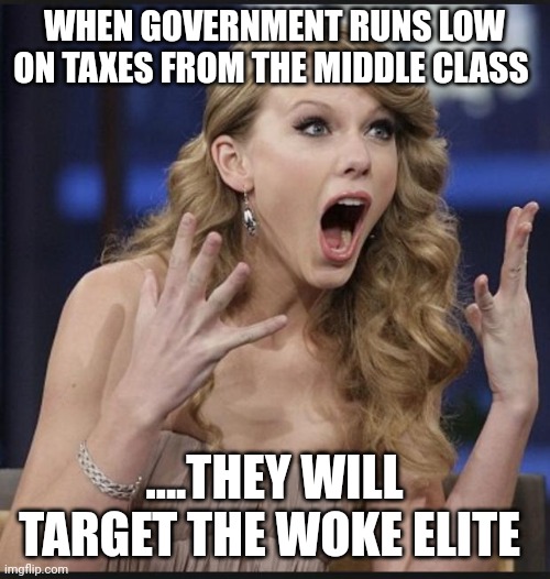 Tay Tay....Gotta pay pay | WHEN GOVERNMENT RUNS LOW ON TAXES FROM THE MIDDLE CLASS; ....THEY WILL TARGET THE WOKE ELITE | image tagged in shocked | made w/ Imgflip meme maker
