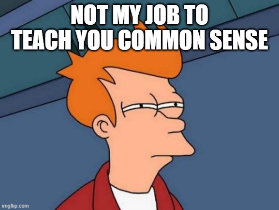 Futurama Fry Meme | NOT MY JOB TO TEACH YOU COMMON SENSE | image tagged in memes,futurama fry | made w/ Imgflip meme maker