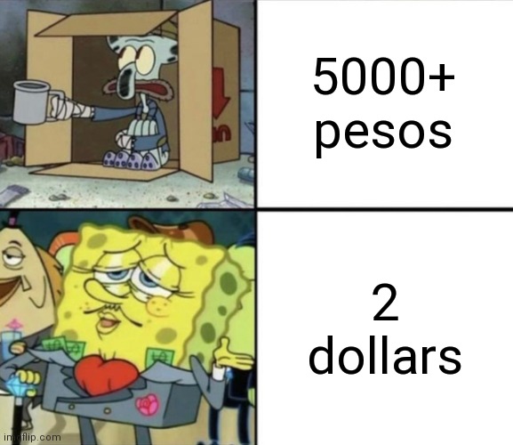 IM RICH MOM IM RIXH | 5000+ pesos; 2 dollars | image tagged in poor squidward vs rich spongebob | made w/ Imgflip meme maker