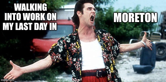 Jim Carey | WALKING INTO WORK ON MY LAST DAY IN; MORETON | image tagged in jim carey | made w/ Imgflip meme maker