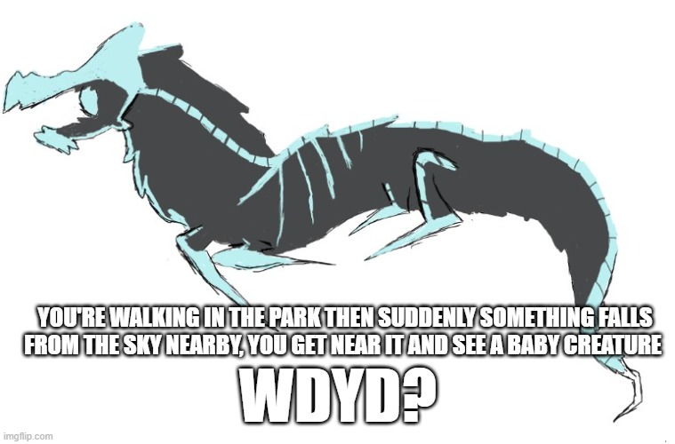 sup im bored | YOU'RE WALKING IN THE PARK THEN SUDDENLY SOMETHING FALLS FROM THE SKY NEARBY, YOU GET NEAR IT AND SEE A BABY CREATURE; WDYD? | image tagged in rp,idk | made w/ Imgflip meme maker