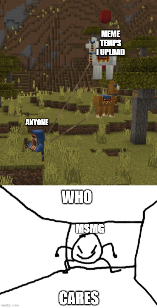 :( | MEME TEMPS I UPLOAD; ANYONE; WHO; MSMG; CARES | image tagged in flying llamas,bob in the hall | made w/ Imgflip meme maker