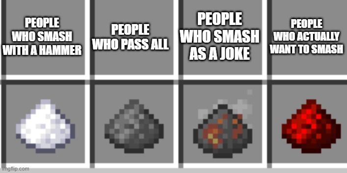 powder turning bad | PEOPLE WHO SMASH WITH A HAMMER PEOPLE WHO PASS ALL PEOPLE WHO SMASH AS A JOKE PEOPLE WHO ACTUALLY WANT TO SMASH | image tagged in powder turning bad | made w/ Imgflip meme maker