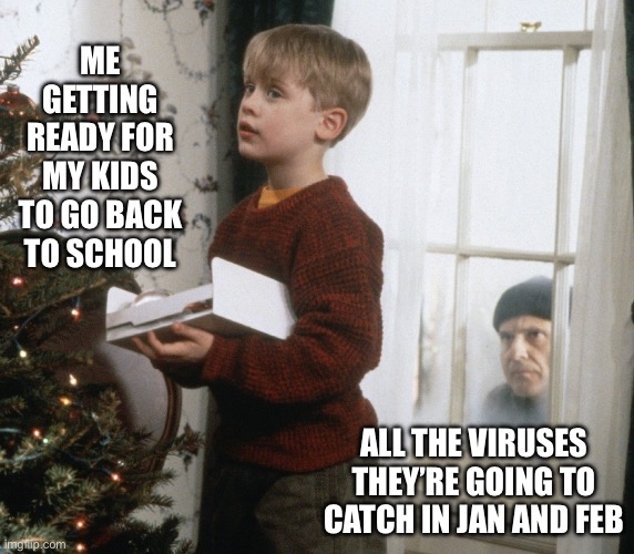 Home alone decorating tree | ME GETTING READY FOR MY KIDS TO GO BACK TO SCHOOL; ALL THE VIRUSES THEY’RE GOING TO CATCH IN JAN AND FEB | image tagged in home alone decorating tree | made w/ Imgflip meme maker