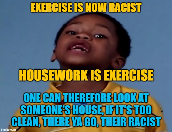That's Racist | EXERCISE IS NOW RACIST; HOUSEWORK IS EXERCISE; ONE CAN THEREFORE LOOK AT SOMEONE'S HOUSE, IF IT'S TOO CLEAN, THERE YA GO, THEIR RACIST | image tagged in that's racist | made w/ Imgflip meme maker