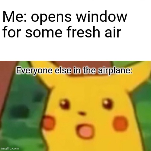 " I didn't know! " | Me: opens window for some fresh air; Everyone else in the airplane: | image tagged in memes,surprised pikachu,funny,airplane | made w/ Imgflip meme maker