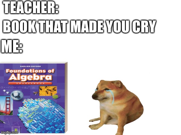 School be like | TEACHER:; BOOK THAT MADE YOU CRY; ME: | made w/ Imgflip meme maker