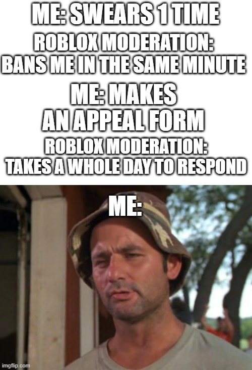 This happed to me today | ME: SWEARS 1 TIME; ROBLOX MODERATION: BANS ME IN THE SAME MINUTE; ME: MAKES AN APPEAL FORM; ROBLOX MODERATION: TAKES A WHOLE DAY TO RESPOND; ME: | image tagged in memes,so i got that goin for me which is nice,banned from roblox,roblox meme | made w/ Imgflip meme maker