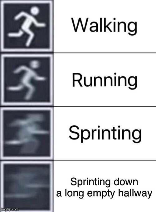 Full speed ahead | Sprinting down a long empty hallway | image tagged in walking running sprinting,relatable,hallway,running in a hallway | made w/ Imgflip meme maker