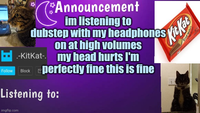 Kitty's announcment temp V3 | im listening to dubstep with my headphones on at high volumes my head hurts I'm perfectly fine this is fine | image tagged in kitty's announcment temp v3 | made w/ Imgflip meme maker