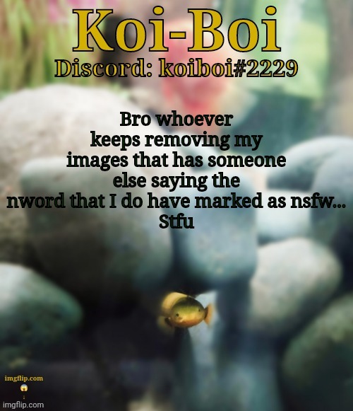 Bro whoever keeps removing my images that has someone else saying the nword that I do have marked as nsfw...
Stfu | image tagged in rope fish template | made w/ Imgflip meme maker