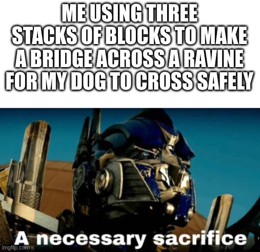 Doggo | ME USING THREE STACKS OF BLOCKS TO MAKE A BRIDGE ACROSS A RAVINE FOR MY DOG TO CROSS SAFELY | image tagged in a necessary sacrifice | made w/ Imgflip meme maker