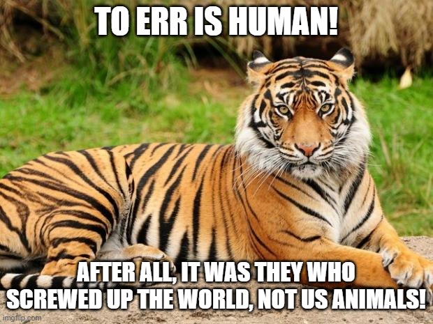 Tiger To Err Is Human | TO ERR IS HUMAN! AFTER ALL, IT WAS THEY WHO SCREWED UP THE WORLD, NOT US ANIMALS! | image tagged in tiger,to err is human,humans screwed up the world | made w/ Imgflip meme maker