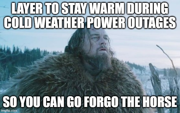 Leonardo DiCaprio The Revenant | LAYER TO STAY WARM DURING COLD WEATHER POWER OUTAGES; SO YOU CAN GO FORGO THE HORSE | image tagged in leonardo dicaprio the revenant | made w/ Imgflip meme maker