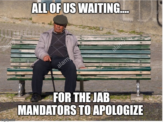 Apologies waiting | ALL OF US WAITING.... FOR THE JAB MANDATORS TO APOLOGIZE | image tagged in apologies waiting | made w/ Imgflip meme maker