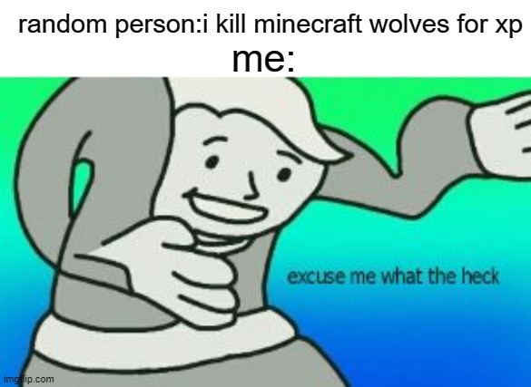 Excuse Me What The Heck | random person:i kill minecraft wolves for xp; me: | image tagged in excuse me what the heck,minecraft,minecraft memes | made w/ Imgflip meme maker