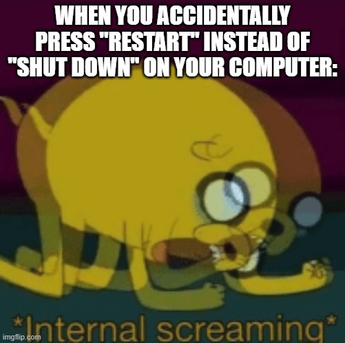 Jake The Dog Internal Screaming | WHEN YOU ACCIDENTALLY PRESS "RESTART" INSTEAD OF "SHUT DOWN" ON YOUR COMPUTER: | image tagged in jake the dog internal screaming,memes,funny,computer,shut down,restart | made w/ Imgflip meme maker