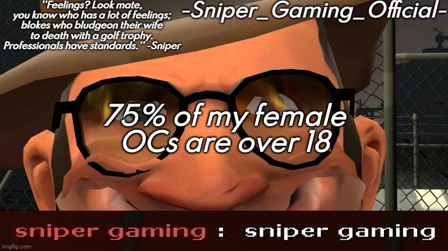 . | 75% of my female OCs are over 18 | image tagged in sniper gaming temp | made w/ Imgflip meme maker