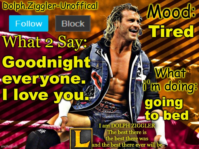 I love you because everyone here is goofy and idiotic | Tired; Goodnight everyone. I love you. going to bed | image tagged in lucotic's dolph ziggler announcement temp 14 | made w/ Imgflip meme maker