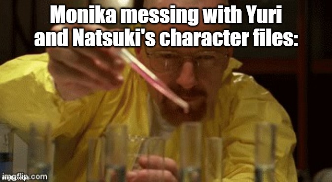 Walter White Cooking | Monika messing with Yuri and Natsuki's character files: | image tagged in walter white cooking,doki doki literature club | made w/ Imgflip meme maker