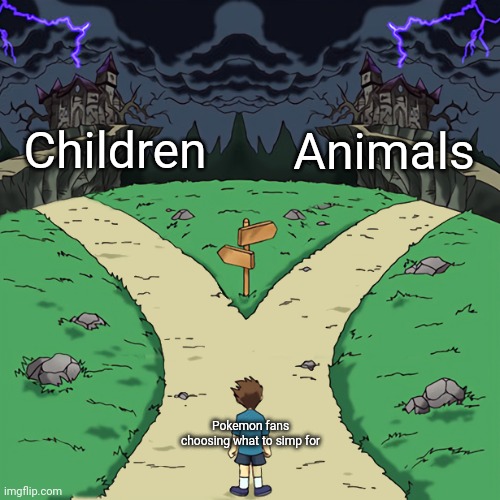 Two paths | Children; Animals; Pokemon fans choosing what to simp for | image tagged in two paths | made w/ Imgflip meme maker