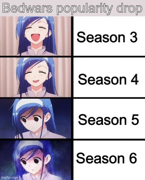 Roblox Bedwars Popularity Drop | Bedwars popularity drop; Season 3; Season 4; Season 5; Season 6 | image tagged in blue haired girl panic | made w/ Imgflip meme maker