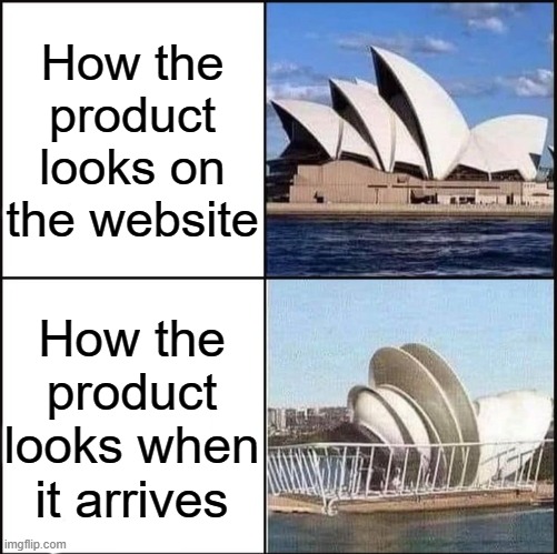 Never order a Sydney Opera House from Wish! | How the product looks on the website; How the product looks when it arrives | image tagged in sydney opera house vs dishes,expectation vs reality | made w/ Imgflip meme maker