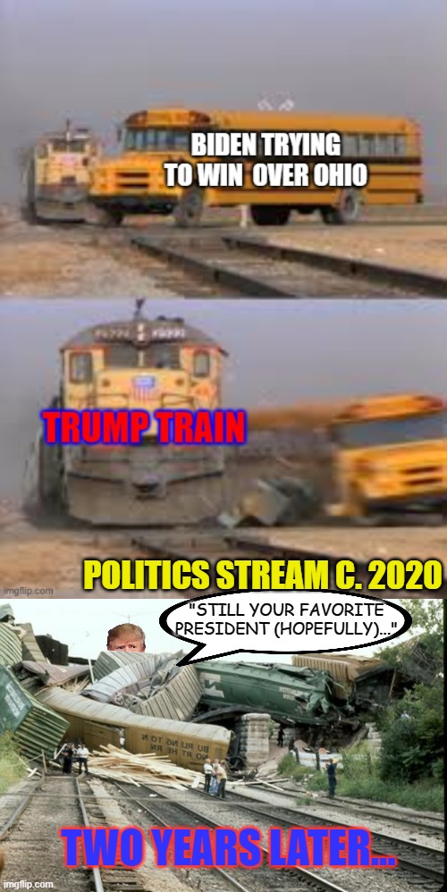 Trump voters be like "I didn't vote for him." | POLITICS STREAM C. 2020; "STILL YOUR FAVORITE PRESIDENT (HOPEFULLY)..."; TWO YEARS LATER... | image tagged in train wreck,backfire effect,double down,sunk cost,lights on,scatter | made w/ Imgflip meme maker